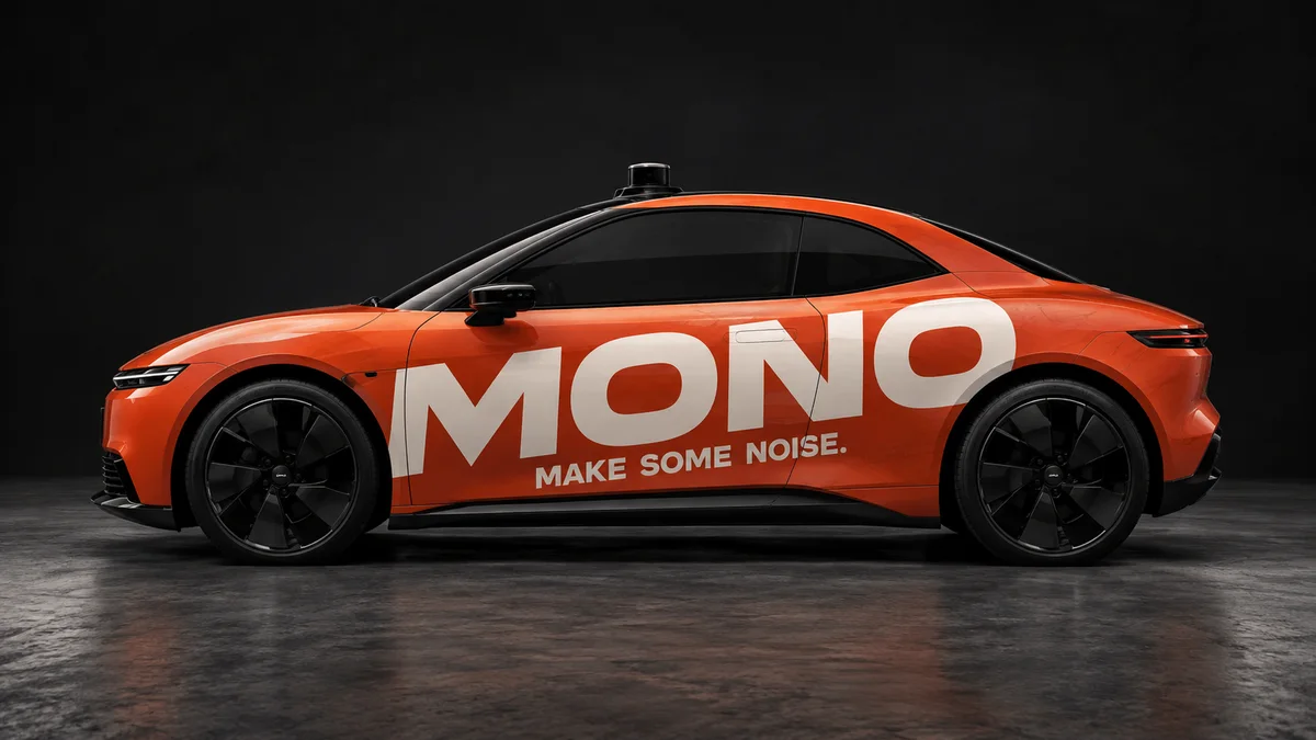 Fictional MONO campaign with a bold orange full-body treatment on an original autonomous taxi concept