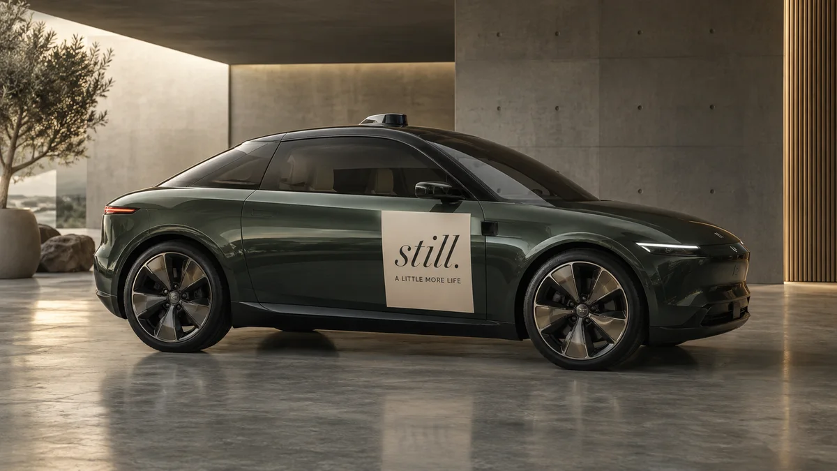 Fictional still. campaign shown as a restrained ivory door decal on a dark green autonomous taxi concept