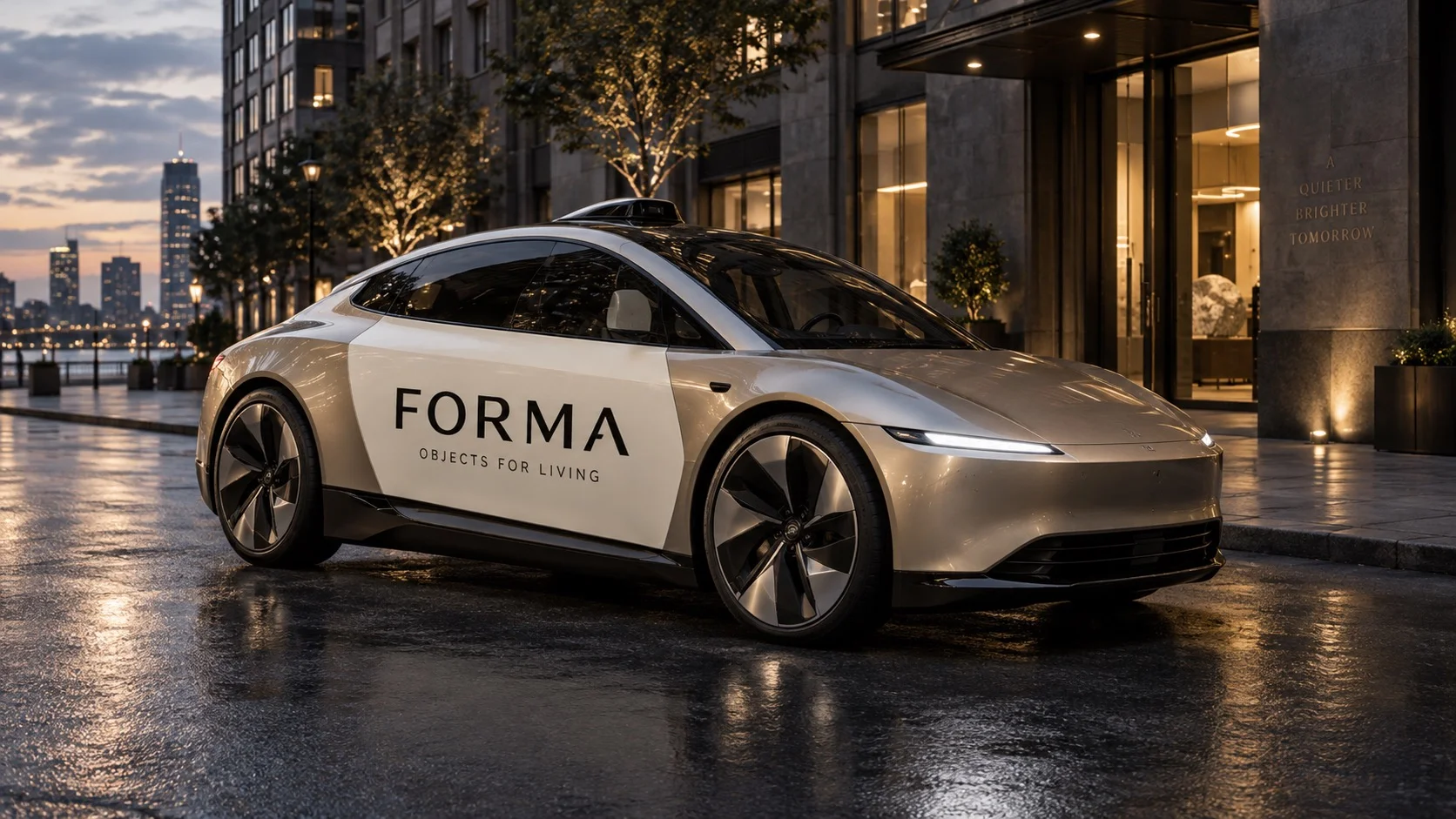 Original autonomous taxi concept carrying a fictional FORMA furniture campaign on a dark city street